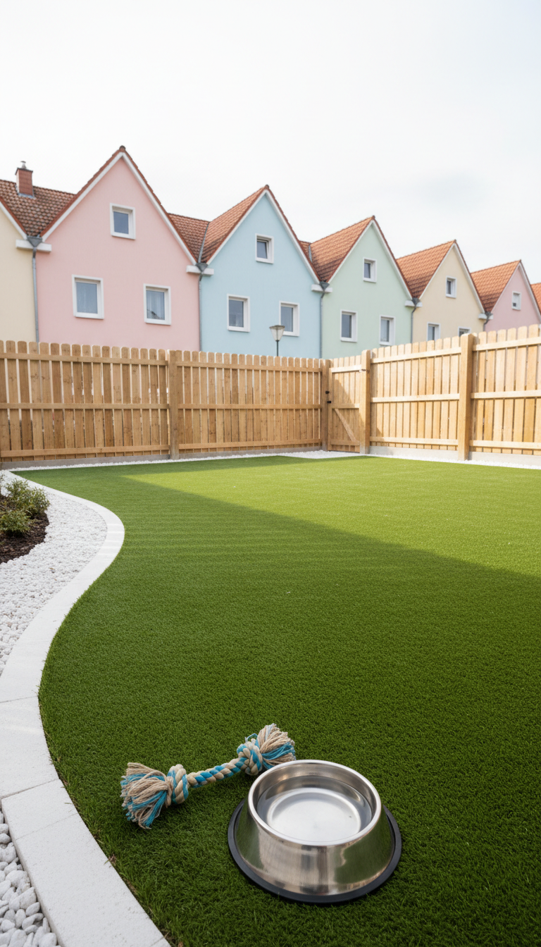 A cozy, fenced backyard with a tidy artificial grass patch and crisp, white stone edging, set against a backdrop of pastel-toned houses characteristic of Limburg. A plush rope dog toy and stainless water bowl rest at the forefront. Overcast daylight creates soft, even illumination and subtle, elongated shadows. The scene is viewed from a low, wide-angle perspective, with strong leading lines drawing attention into the space. The mood is safe and welcoming, with a modern, minimalist, and highly structured visual language, promoting the secure environment offered by a professional petsitting team.