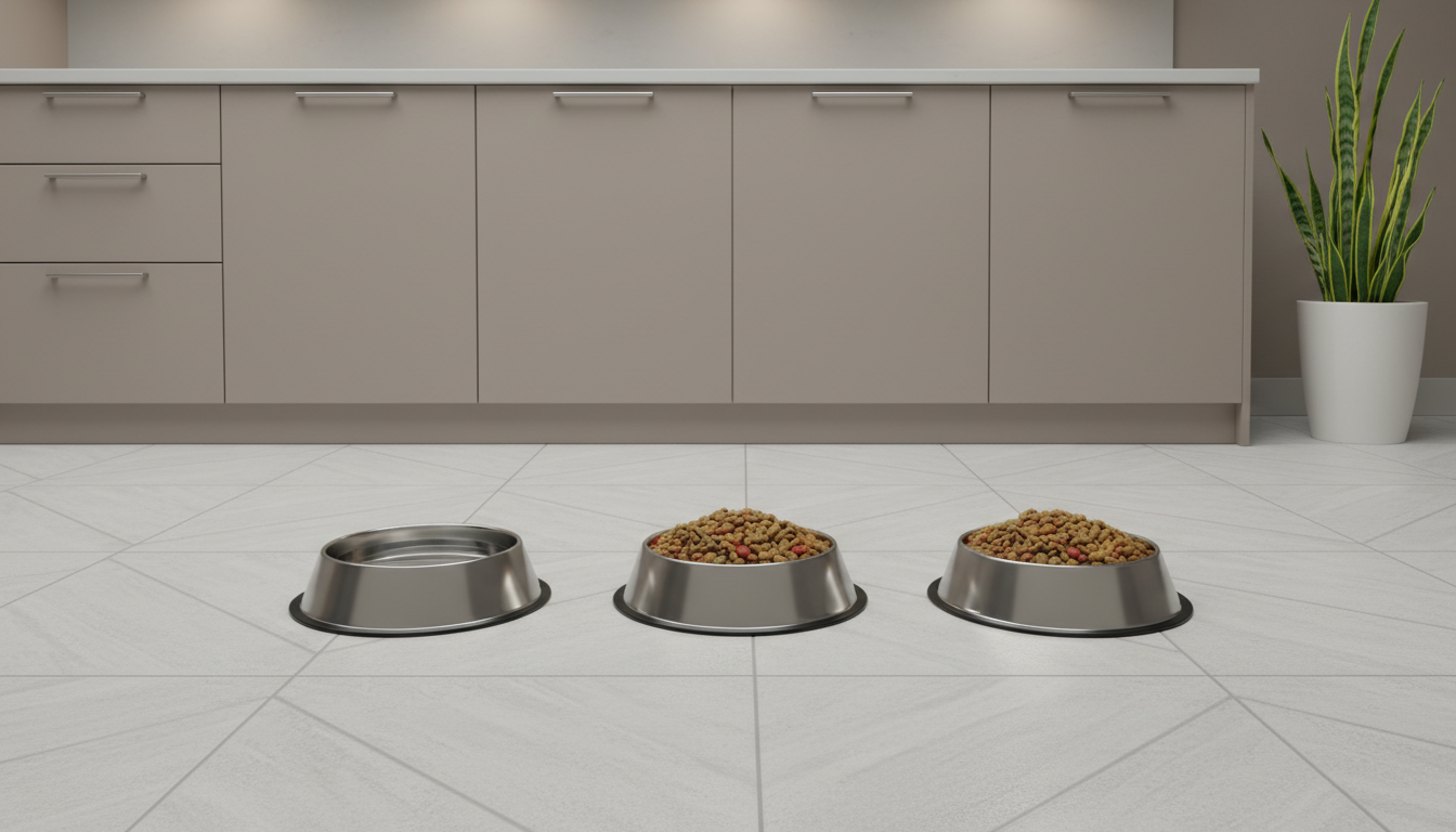A set of stainless steel pet bowls arranged methodically on a pristine, structured tile kitchen floor, filled with fresh water and kibbles. Behind, the background showcases muted cabinetry in taupe and a subtle potted plant, all under the diffuse glow of overhead LED lighting. The composition uses a rule of thirds framing, with each element meticulously positioned for balance and symmetry. The mood is organized and efficient, the style is crisp and modern, emphasizing the meticulous care and reliability of a professional petsitting business.