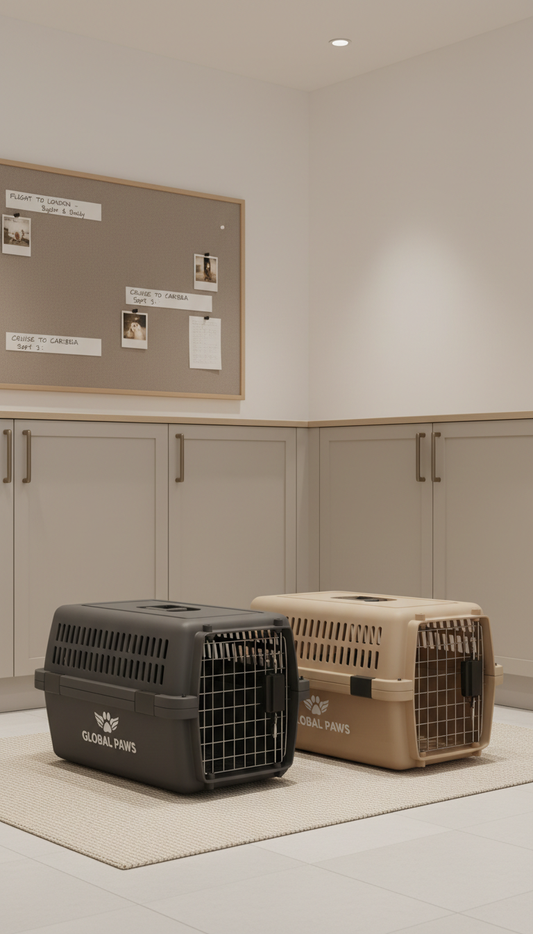Two professionally branded pet carriers—one graphite gray and the other sandy beige—sit side-by-side in a dedicated pet travel preparation area, each resting atop a clean, textured mat. The background features neutral cabinetry and a wall-mounted organizational board labeled with appointment notes and pet names. Clear, diffused ceiling light floods the area, creating crisp, subtle shadows and emphasizing tidiness. This scene is shot from a slightly elevated angle with balanced composition and sharp, photographic realism, projecting competent, trustworthy service for clients considering long-distance petsitting arrangements.
