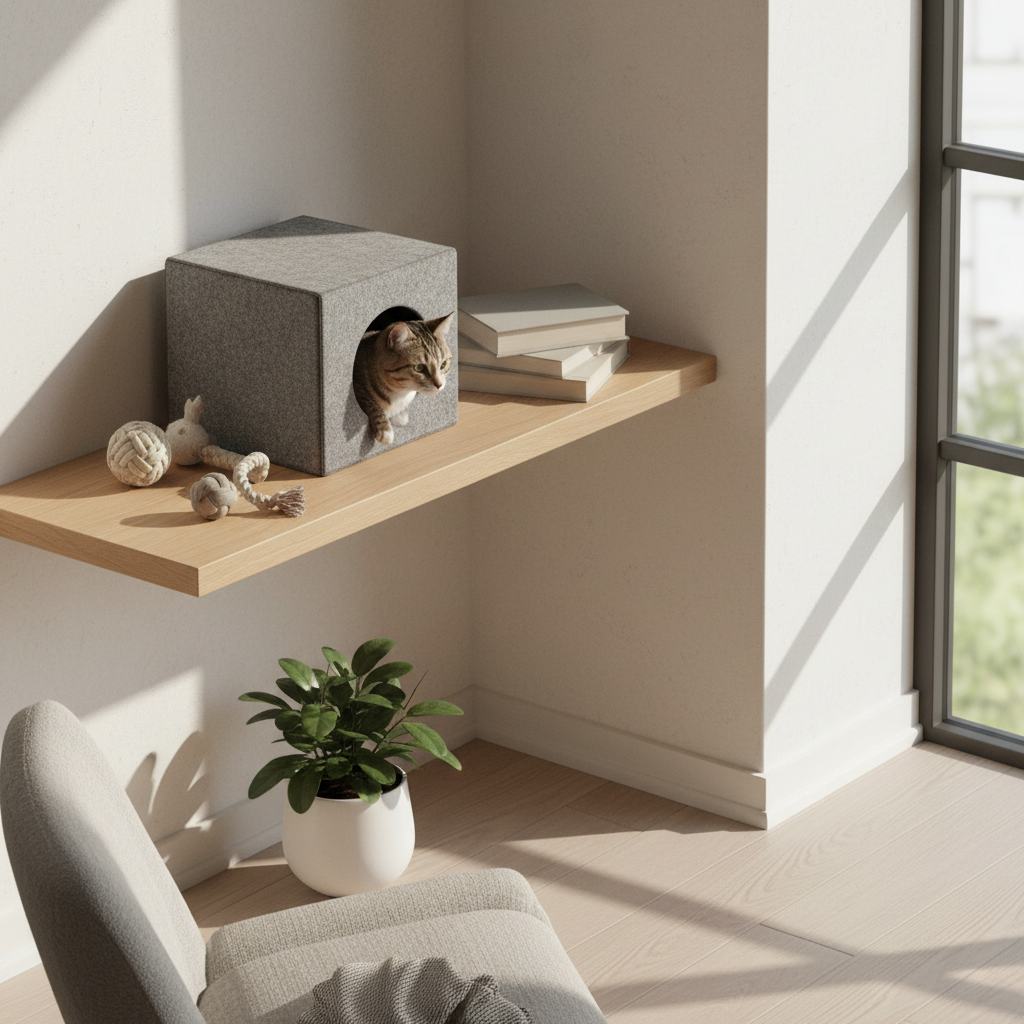 A tabby cat with a sleek, well-maintained coat peers curiously out from a contemporary felt cat cube nestled in an uncluttered reading nook. The cube sits atop a pale oak shelf, surrounded by a selection of neutral-colored pet toys. Midday natural light streams through a large adjacent window, illuminating the scene with soft highlights while casting serene, structured shadows. Captured at an elevated side angle, the composition employs asymmetrical balance and photographic realism, projecting a tranquil, trustworthy atmosphere suited for a corporate petsitting website.