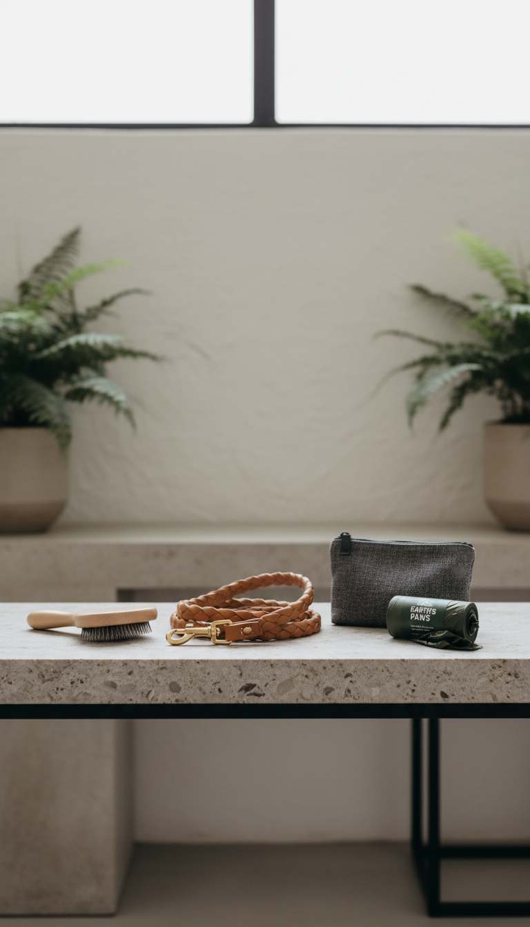 A collection of pet care essentials—leash, brush, treat pouch, and biodegradable waste bags—neatly arranged on a minimalist stone console table at an elegant entryway. The background features a textured off-white wall and muted indoor ferns, all gently lit by overcast natural daylight from a nearby transom window. The composition is straight-on, centering the items with crisp focus and understated bokeh further back. The mood feels meticulously organized and dependable, with a clean, structured, and expertly professional photographic style for a reputable pet services site.