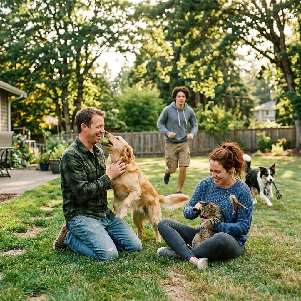 Man kneeling playing with golden retriever, woman sitting playing with cat, teen running, dog holding toy